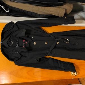 Women's long black trench coat with hood
